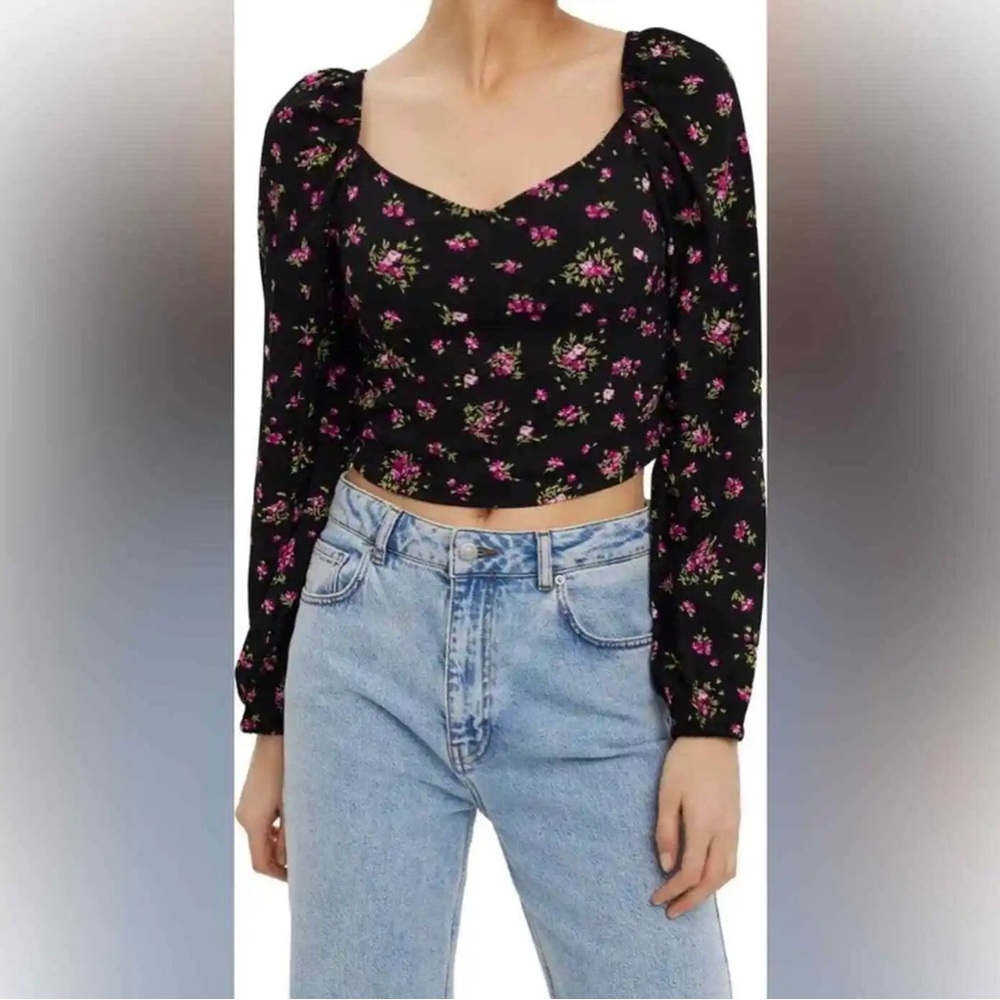 Vero Moda Anna Long Sleeve Crop Top Very Berry Colorful Print SZ S